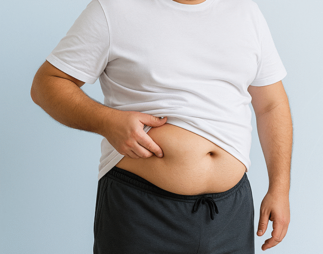 "Paciente masculino mostrando abdomen antes de una liposucción en Marbella - España."