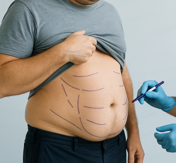 Dibujo de líneas para liposucción abdominal en paciente masculino en Marbella - España.