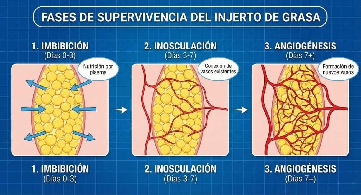 Esquema de las fases de imbibición, inosculación y angiogénesis en la supervivencia del injerto de grasa