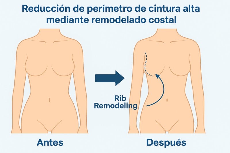 Esquema de reducción de perímetro de cintura alta mediante remodelado costal