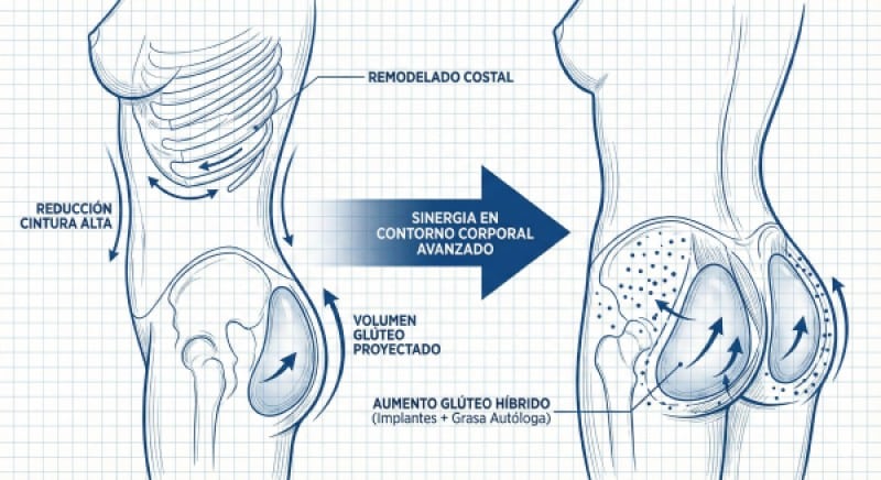 Ilustración de sinergia entre Rib Remodeling y Hybrid Gluteal Augmentation en contorno corporal avanzado