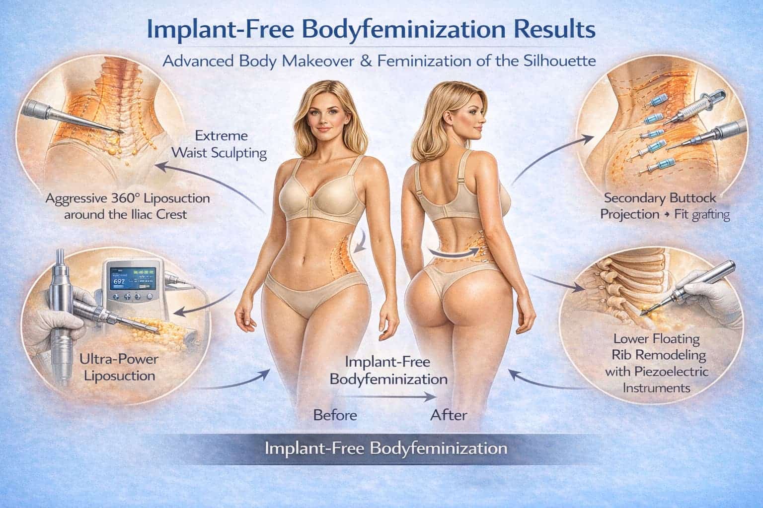 Esquema de body feminización sin implantes: Ultra-Power, escultura de cintura, lipoinjerto y rib remodeling