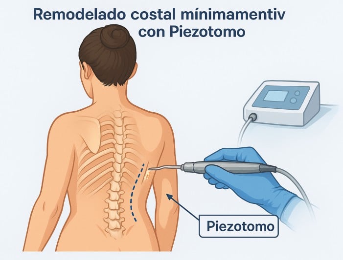 Ilustración de remodelado costal mínimamente invasivo con Piezotomo