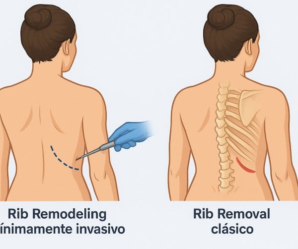 Comparación visual entre Rib Remodeling mínimamente invasivo y Rib Removal clásico