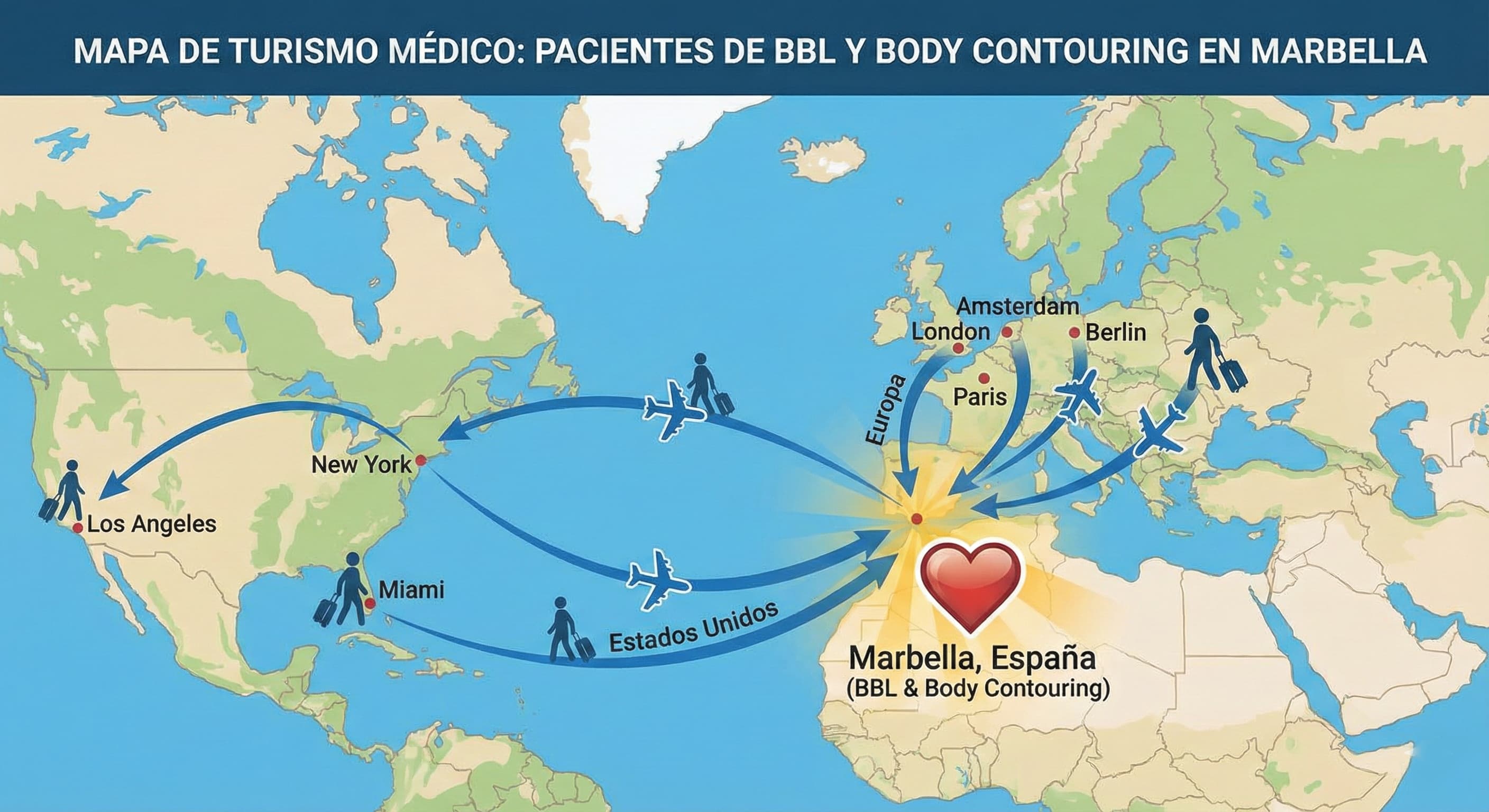 Mapa que ilustra pacientes internacionales de BBL y body contouring que viajan a Marbella desde Europa y Estados Unidos