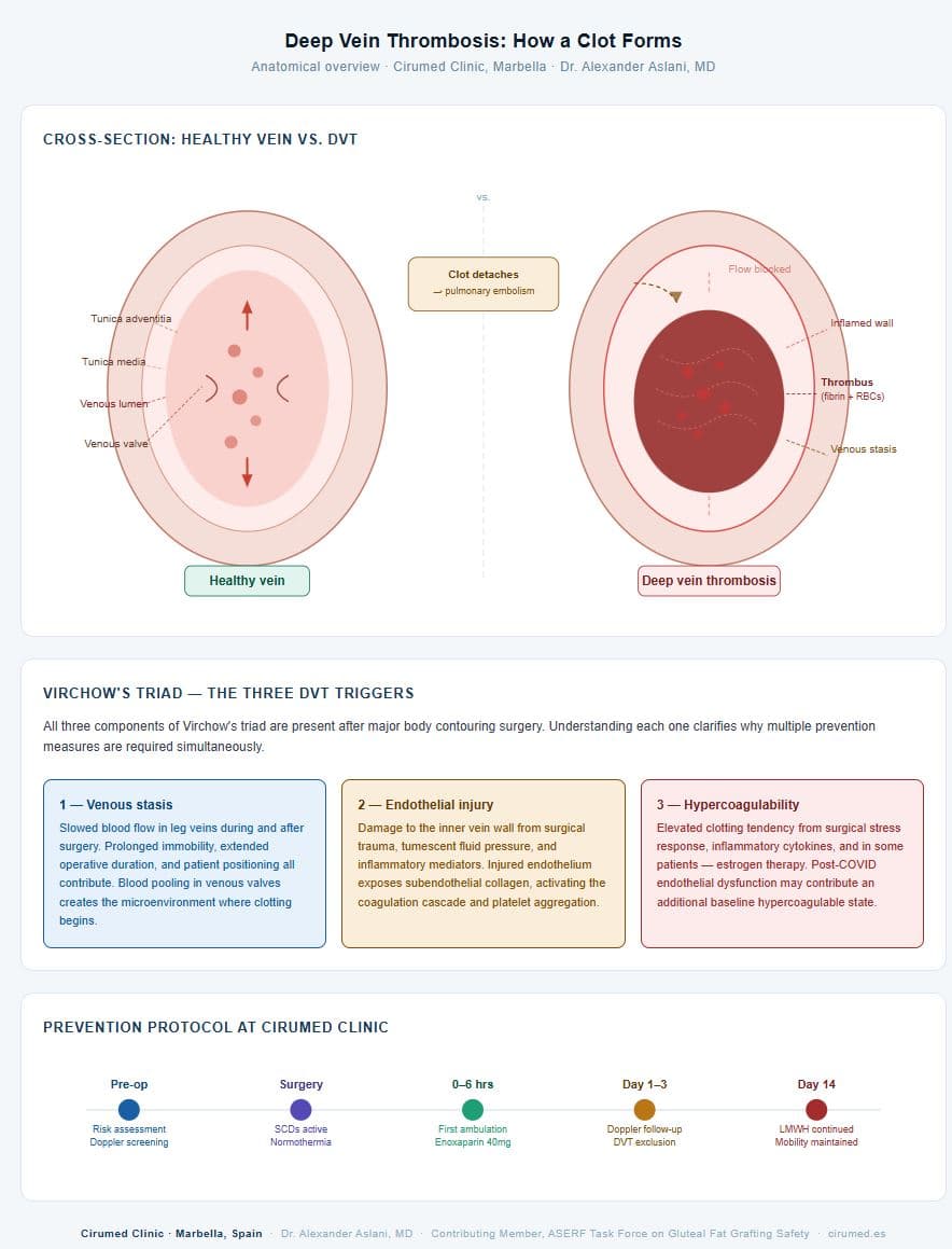 How does deep vein thrombosis occur?